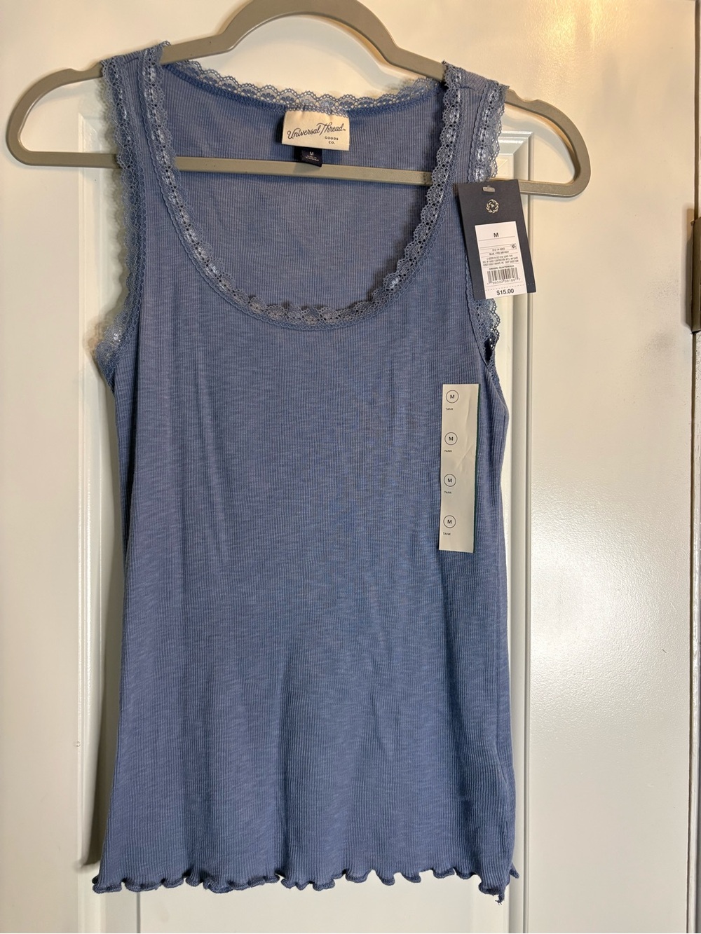 Universal Thread Lace-Trim Ribbed Tank Top in Dusty Blue
